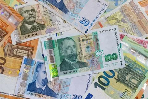 A Flat Lay Composition of Bulgarian Lev and Euro Banknotes Stock Photos
