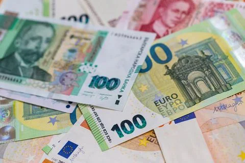 A Flat Lay Composition of Bulgarian Lev and Euro Banknotes Stock Photos