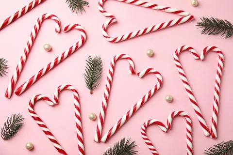 Flat lay composition with candy canes and fir tree branches on pink backgroun Stock Photos