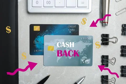 Flat lay composition with cashback credit cards, calculator and stationery on Stockfoto's