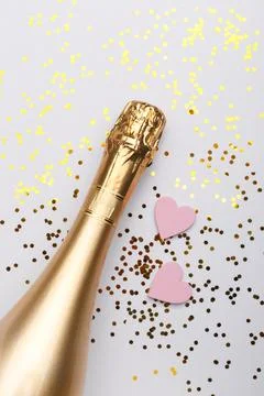 Flat lay composition of Champagne bottle Stock Photos