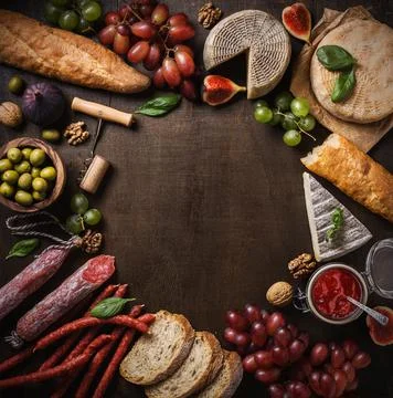 Flat lay composition with cheese, meat and fruits Stock Photos