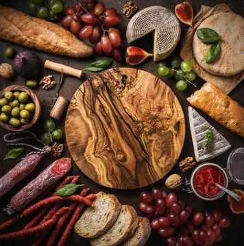 Flat lay composition with cheese, meat and fruits Stock Photos