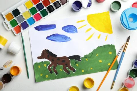 Flat lay composition with child's painting of horse on white table Stock Illustration