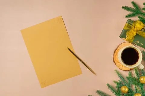 Flat lay composition with Christmas decor and blank card on beige backgroun.. Stock Photos