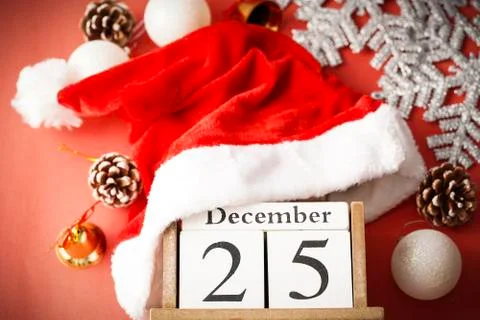 Flat lay composition of christmas decoration and ornament on wooden backgroun Stock Photos