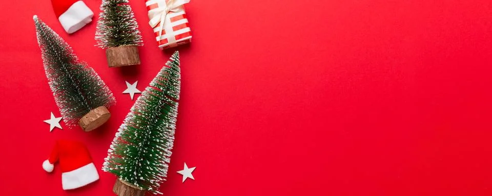 Flat lay composition with christmas trees on color background. Top view with  Stock Photos