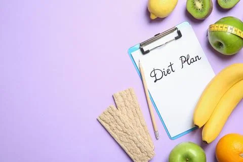 Flat lay composition with clipboard, healthy food, measuring tape and space f Stock Photos
