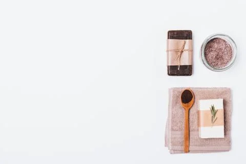 Flat lay composition of coffee cosmetics 库存照片