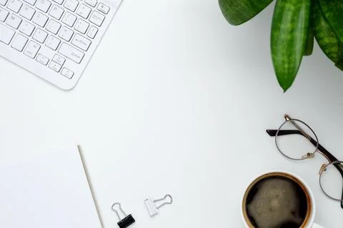 Flat lay composition with copy space. Office workspace and productivity conce Stock Photos