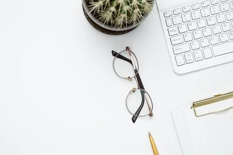 Flat lay composition with copy space. Office workspace and productivity conce Stock Photos