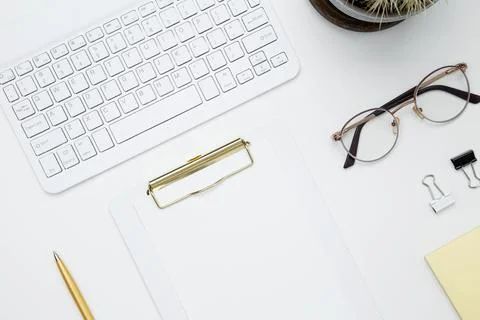 Flat lay composition with copy space. Office workspace and productivity conce Stock Photos