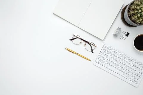 Flat lay composition with copy space. Office workspace and productivity conce Stock Photos