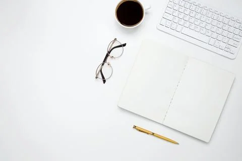 Flat lay composition with copy space. Office workspace and productivity conce Stock Photos