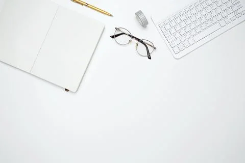 Flat lay composition with copy space. Office workspace and productivity conce Stock Photos