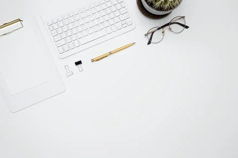 Flat lay composition with copy space. Office workspace and productivity conce Stock Photos