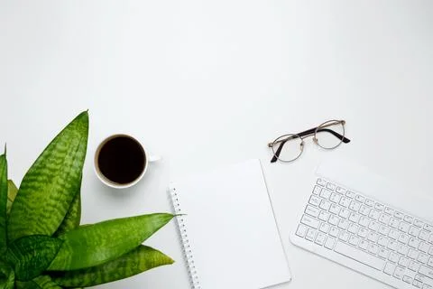 Flat lay composition with copy space. Office workspace and productivity conce Stock Photos