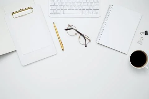 Flat lay composition with copy space. Office workspace and productivity conce Stock Photos