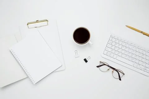 Flat lay composition with copy space. Office workspace and productivity conce Stock Photos
