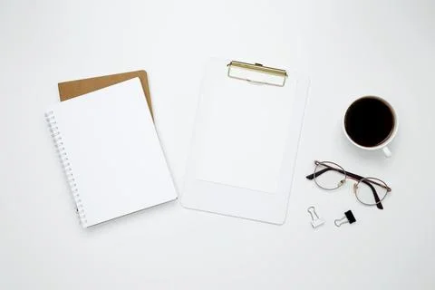 Flat lay composition with copy space. Office workspace and productivity conce Stock Photos