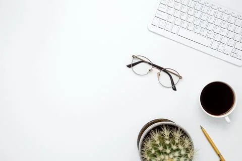 Flat lay composition with copy space. Office workspace and productivity conce Stock Photos