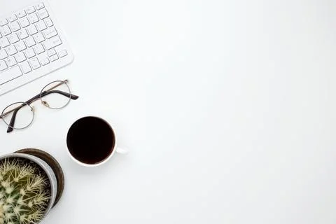 Flat lay composition with copy space. Office workspace and productivity conce Stock Photos