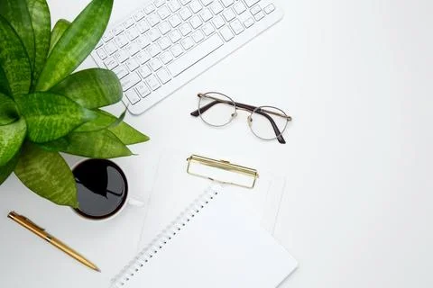 Flat lay composition with copy space. Office workspace and productivity conce Stock Photos