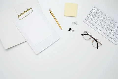 Flat lay composition with copy space. Office workspace and productivity conce Stock Photos