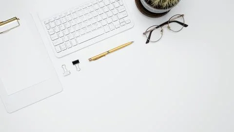 Flat lay composition with copy space. Office workspace and productivity conce Stock Photos