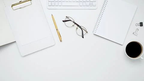 Flat lay composition with copy space. Mock up notebook. Office workspace and  Stock Photos