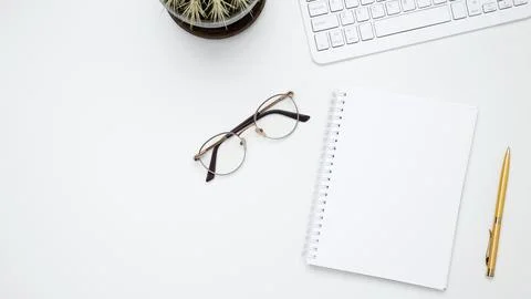 Flat lay composition with copy space. Mock up notebook. Office workspace and  Foto stock