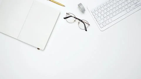 Flat lay composition with copy space. Mock up notebook. Office workspace and  Stock Photos