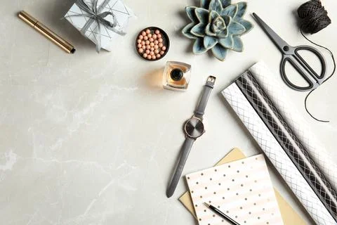 Flat lay composition with cosmetics, decoration elements and space for text o Stock Photos