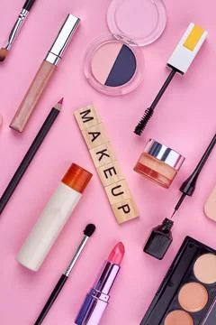 Flat lay composition with decorative cosmetic products. Stock Photos