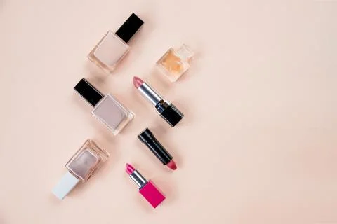 Flat lay composition with decorative cosmetics on pastel background.Beauty Stock Photos