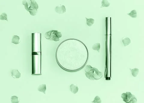 Flat lay composition with decorative makeup products and flowers on trendy mint Stock Photos