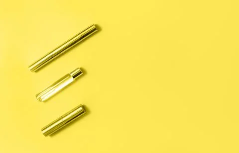 Flat lay composition with decorative makeup products and parfume toned in tre Stock Photos