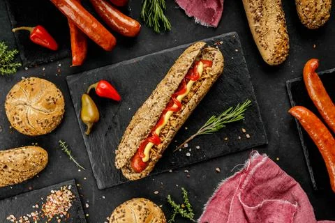 Flat lay composition of delicious hot dogs and sandwiches with different Stock Photos