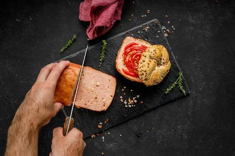 Flat lay composition of delicious hot dogs and sandwiches with different Stock Photos