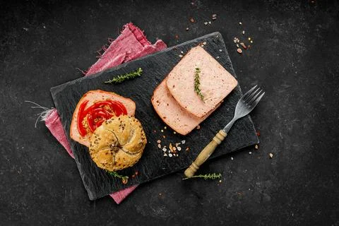 Flat lay composition of delicious hot dogs and sandwiches with different Stock Photos