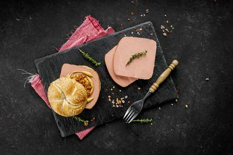 Flat lay composition of delicious hot dogs and sandwiches with different Stock Photos