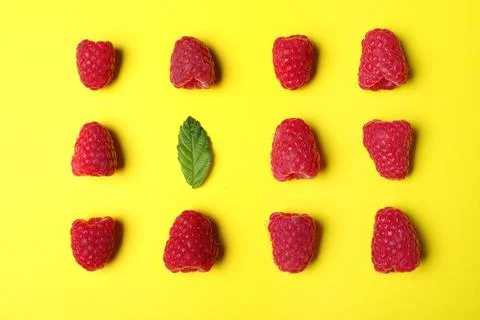 Flat lay composition with delicious ripe raspberries on yellow background 写真素材