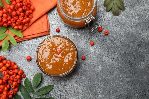Flat lay composition with delicious rowan jam and berries on grey table. Spac Stock Photos