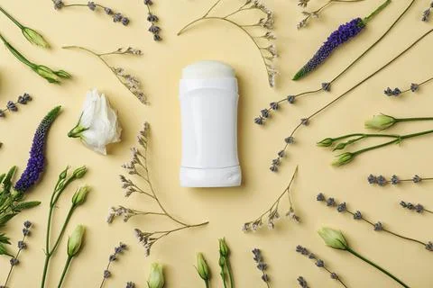 Flat lay composition with deodorant and herbs on color background 库存照片