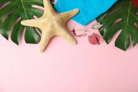 Flat lay composition with different beach objects on color background, space  Stock Photos