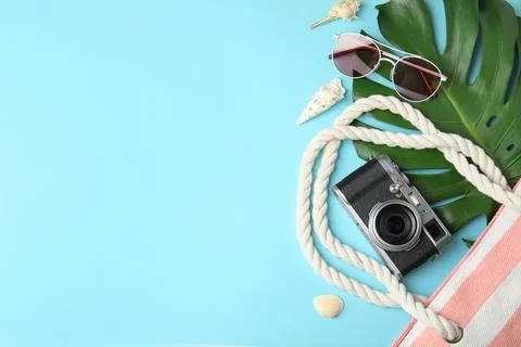 Flat lay composition with different beach objects on color background, space  스톡 사진