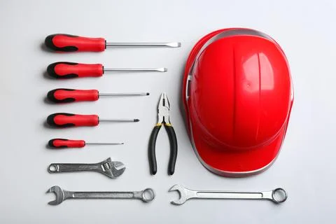 Flat lay composition with different construction tools on white background 스톡 사진
