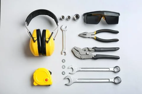 Flat lay composition with different construction tools on white background 스톡 사진