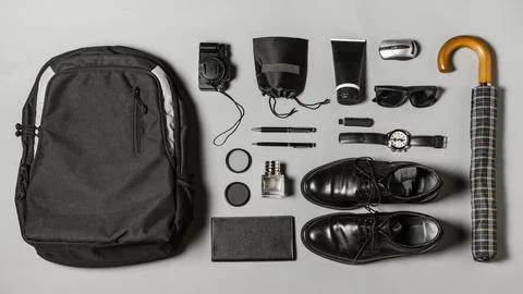 Flat lay composition different traveling elements 写真素材