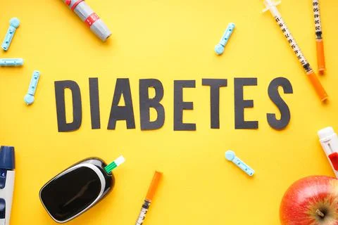Flat lay composition. Digital glucometer, lancet pens, syringes and fruits on Stock Photos